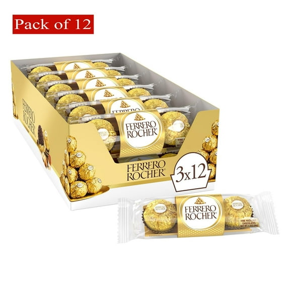 Ferrero Rocher Fine Hazelnut Milk Chocolate, Individually Wrapped Chocolate Candy Gifts, 3 Count (Pack of 12)