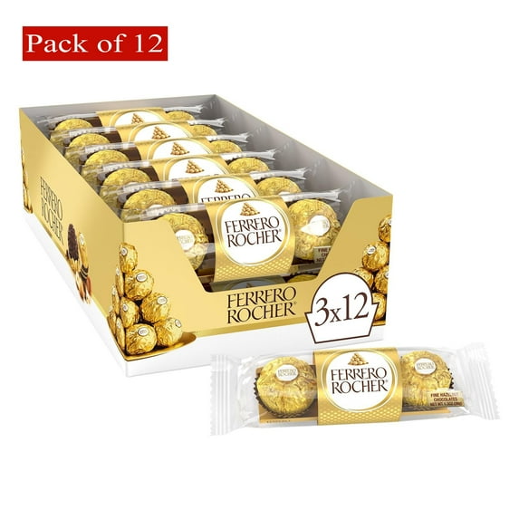 Ferrero Rocher Fine Hazelnut Milk Chocolate, Individually Wrapped Chocolate Candy Gifts, 3 Count (Pack of 12)