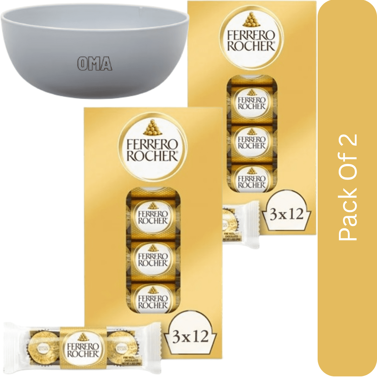 Ferrero Rocher Gourmet Hazelnut Chocolates, 1.3 oz-2pk, With Olive White Bowl By OMA