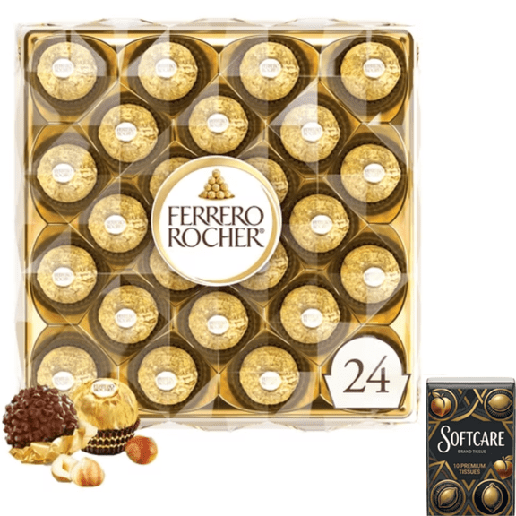 Ferrero Rocher Gourmet Hazelnut Milk Chocolate Gift Box, 24 Individually Wrapped Chocolates, 10.6 oz