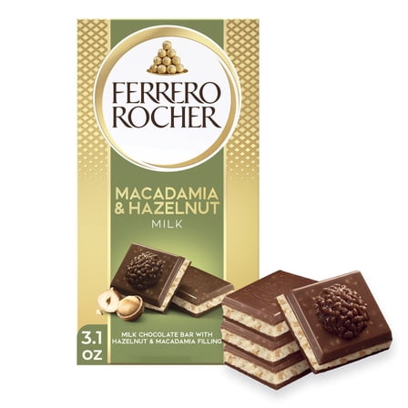 Ferrero Rocher Premium Chocolate Bar, Milk Chocolate with Hazelnut & Macadamia Filling, Great for Gifting, ​3.1 oz