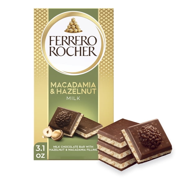 Ferrero Rocher Premium Chocolate Bar, Milk Chocolate with Hazelnut & Macadamia Filling, Great for Gifting, ​3.1 oz