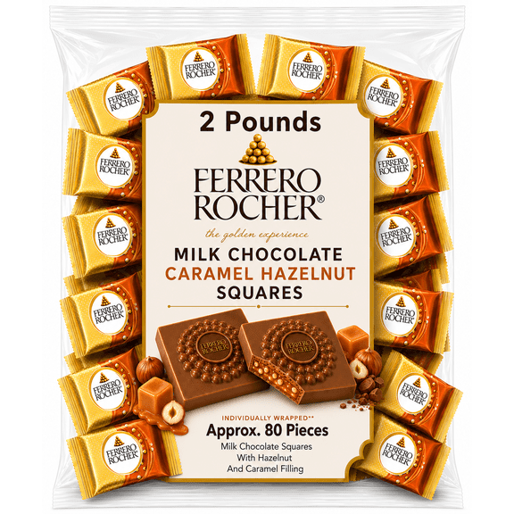 Ferrero Rocher Milk Chocolate Squares with Hazelnut & Caramel Filing, Individually Wrapped Candy Bars (2 Pounds)