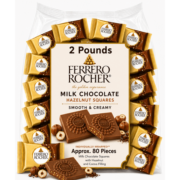 Ferrero Rocher Milk Chocolate Squares with Hazelnut & Cocoa Filing, Individually Wrapped Candy Bars (2 Pounds)
