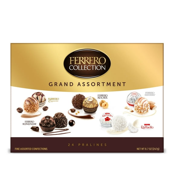 Ferrero Collection Grand Assortment, Hazelnut, Dark, Coconut, Almond, Cappuccino, Holiday Gift Box, 24 Count, 8.7 oz
