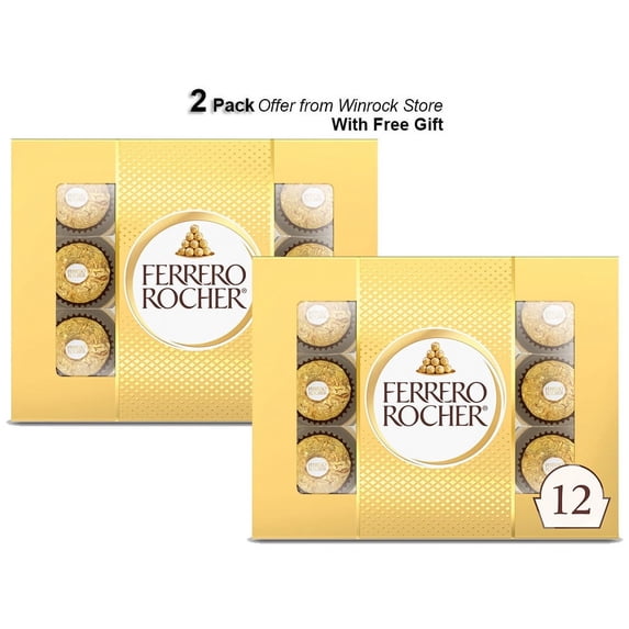 Ferrero Rocher Premium Gourmet Milk Chocolate Hazelnut, Chocolates for Gifting, 12 Count (2 Pack) Free Gift from Winrock Store