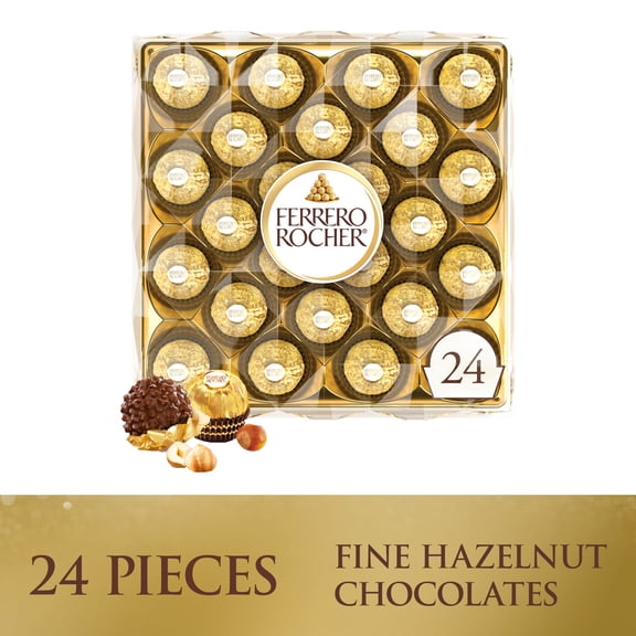 Ferrero Rocher Gourmet Hazelnut Milk Chocolate Gift Box, 24 Individually Wrapped Chocolates, 10.6 oz