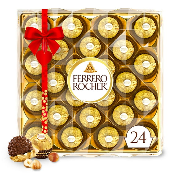 Ferrero Rocher Gourmet Hazelnut Milk Chocolate Valentine’s Day Gift Box, 24 Individually Wrapped Chocolates for Gifting, 10.6 oz