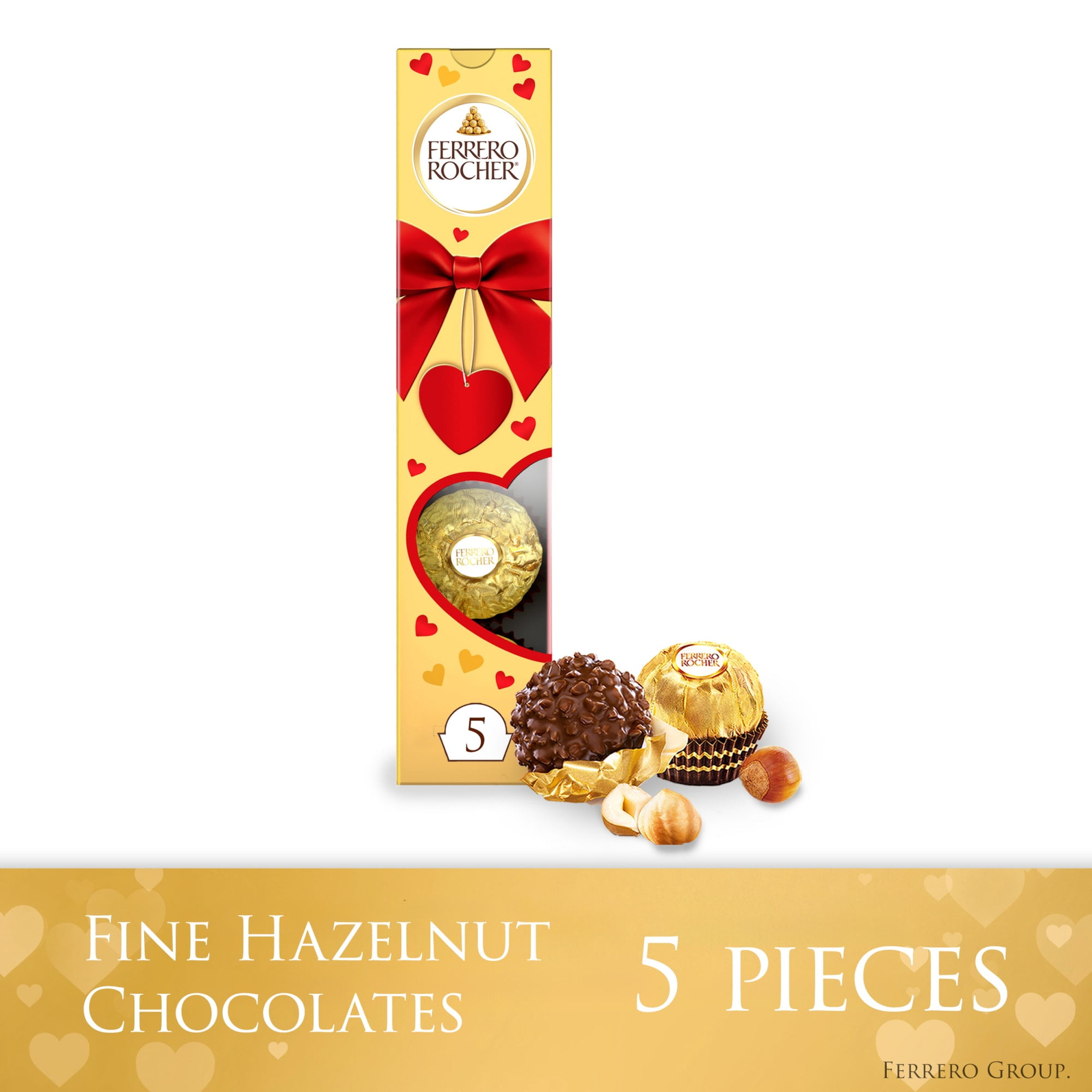 Ferrero Rocher Gourmet Hazelnut Milk Chocolate Valentines Day Gift Box, 5 Individually Wrapped Chocolates for Gifting, 2.2 oz