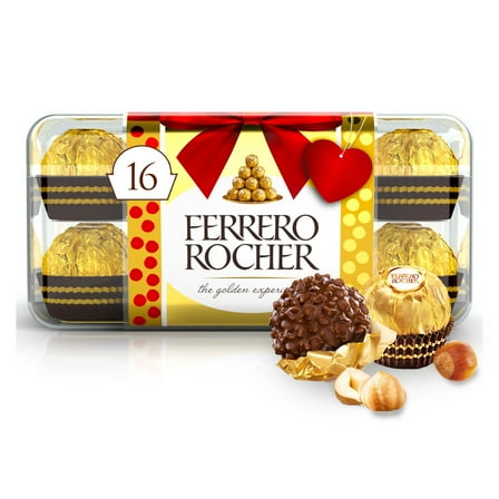 Ferrero Rocher Gourmet Hazelnut Milk Chocolate Valentine’s Day Gift Box, 16 Individually Wrapped Chocolates for Gifting, 7 oz