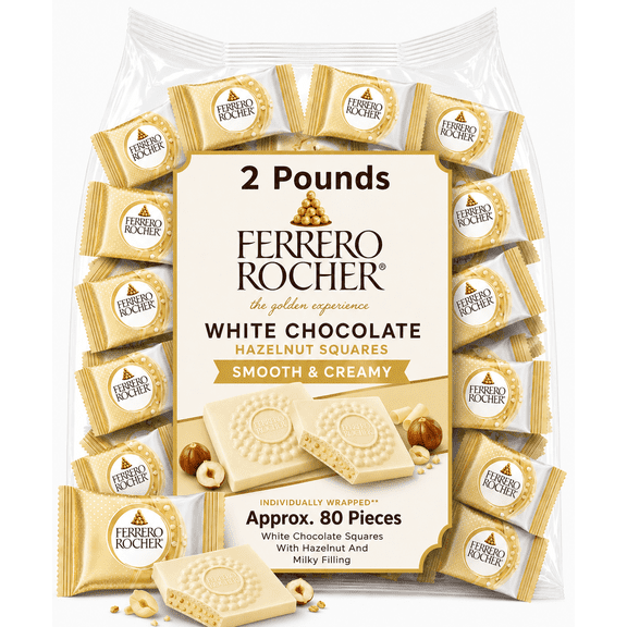 Ferrero Rocher White Chocolate Squares with Hazelnut & Milky Filing, Individually Wrapped Candy Bars (2 Pounds)