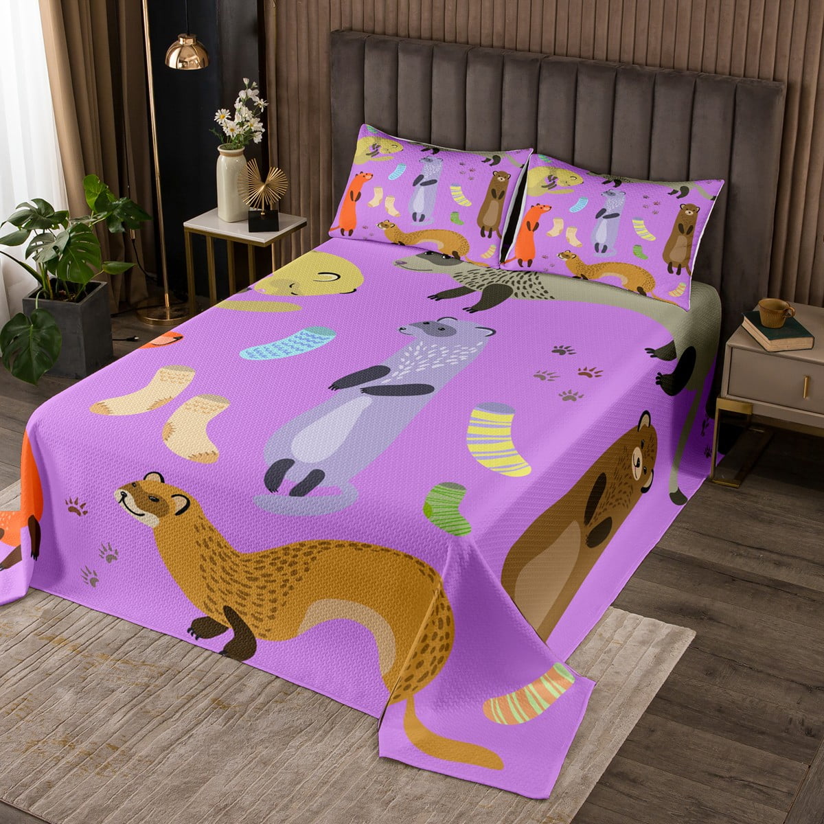 Ferret Bedspread Set Minks Weasel Animal Coverlet Set Kawaii Wild