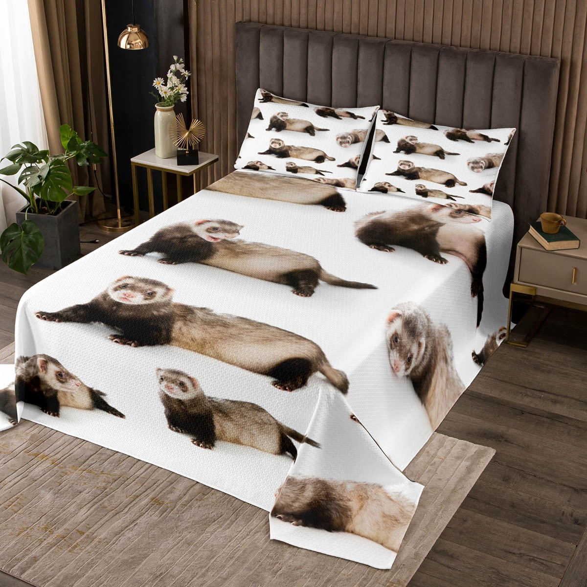 Ferret Bedspread Set Minks Weasel Animal Coverlet Set Kawaii Wild
