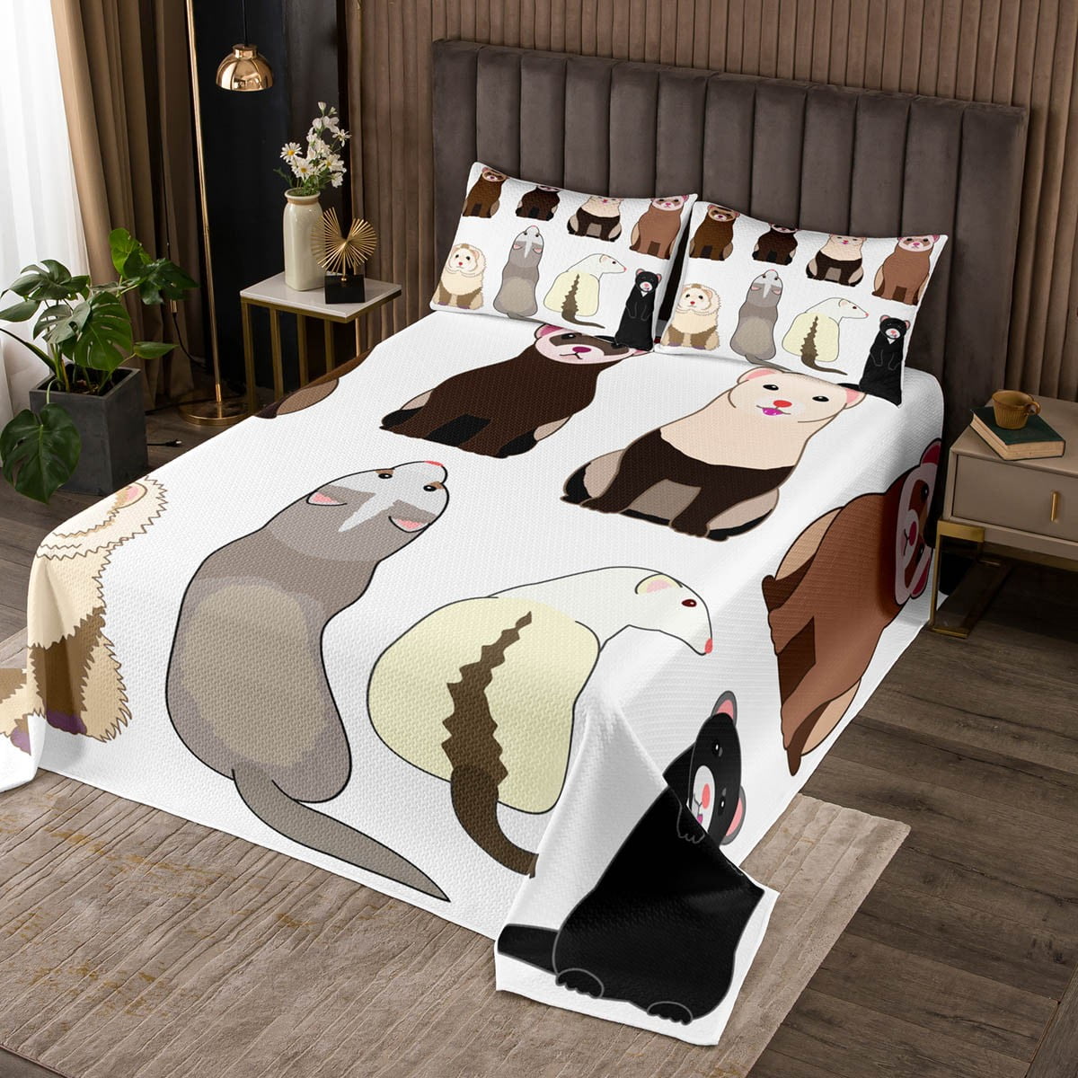 Ferret Bedspread Set Minks Weasel Animal Coverlet Set Kawaii Wild