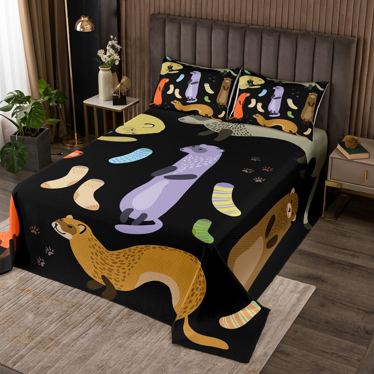 Ferret Bedspread Set Minks Weasel Animal Coverlet Set Kawaii Wild