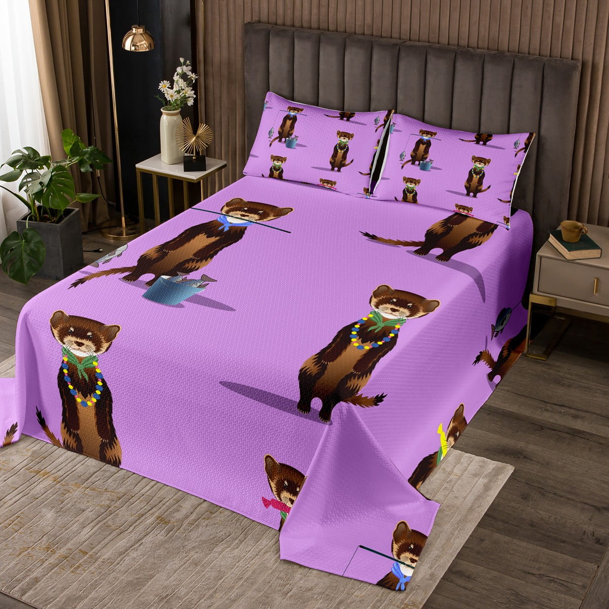 Ferret Bedspread Set Minks Weasel Animal Coverlet Set Kawaii Wild