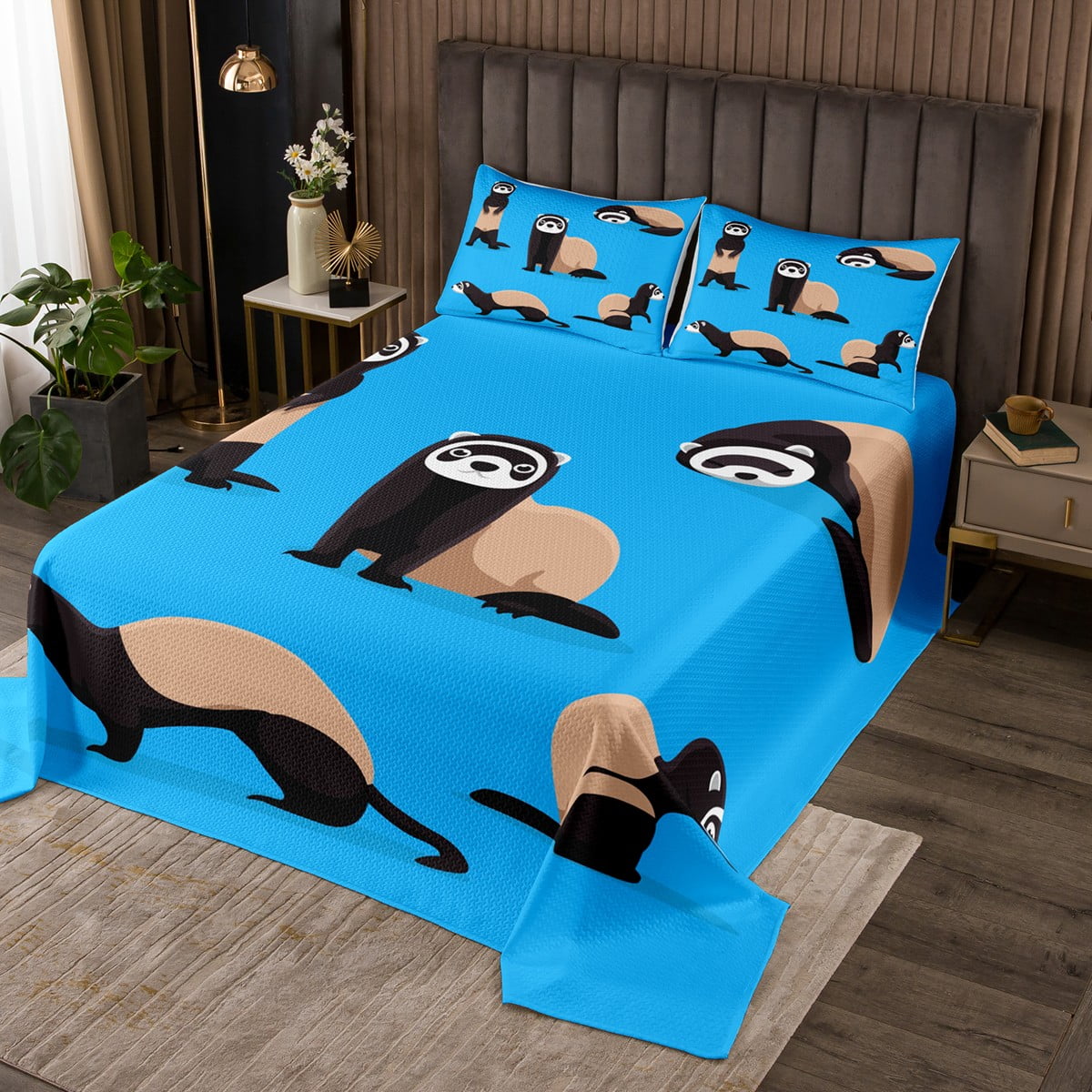 Ferret Bedspread Set Minks Weasel Animal Coverlet Set Kawaii Wild