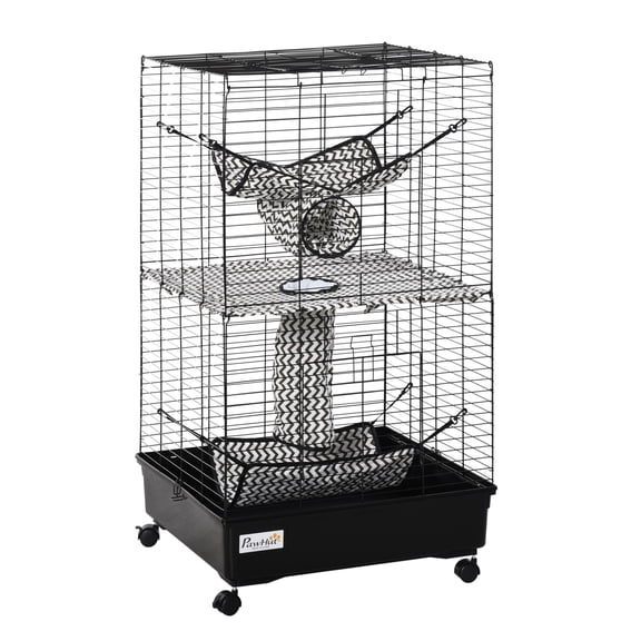 Ferret Cage 42" Metal Habitat, Small Animal Cage with Wheels, Hammocks & Tunnels - Black