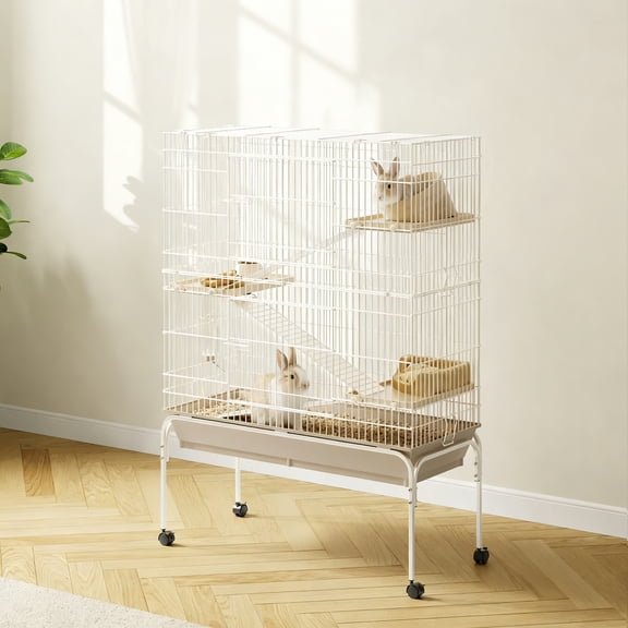 Ferret Cage, 47" H Large Cage with 3 Removable Ramps, Food Bowl, Water Bottle, Metal Animal Cages on Wheels for Chinchillas, Guinea Pigs, Rabbit