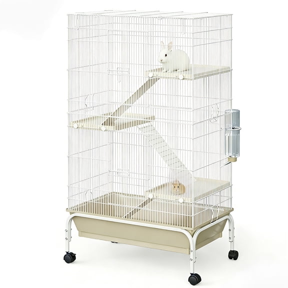 Ferret Cage – 55 Inch H Large Small Animal Cage with 3 Removable Ramps, Food Bowl, Water Bottle – Metal Cage on Wheels for Chinchillas, Guinea Pigs, Rabbit, Sugar Glider