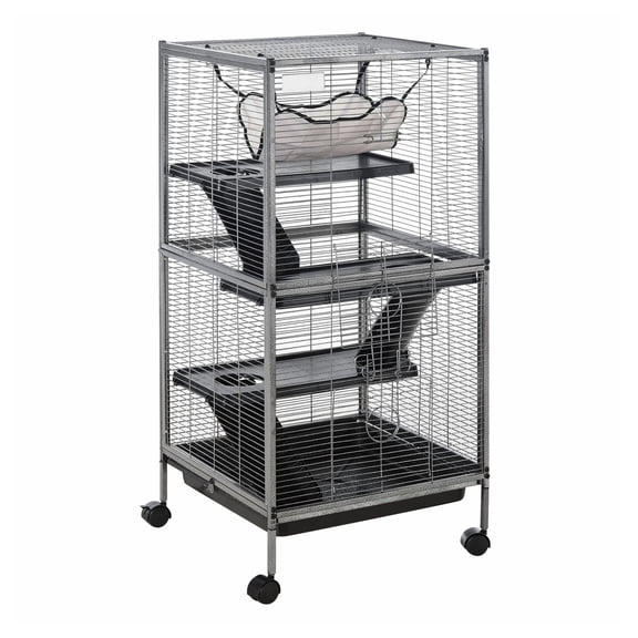 Ferret Cage, Chinchilla Cage, Sugar Glider Cage - Metal Rolling Animal Habitat with 4 Tiers, Hammock & Removable Tray - Gray