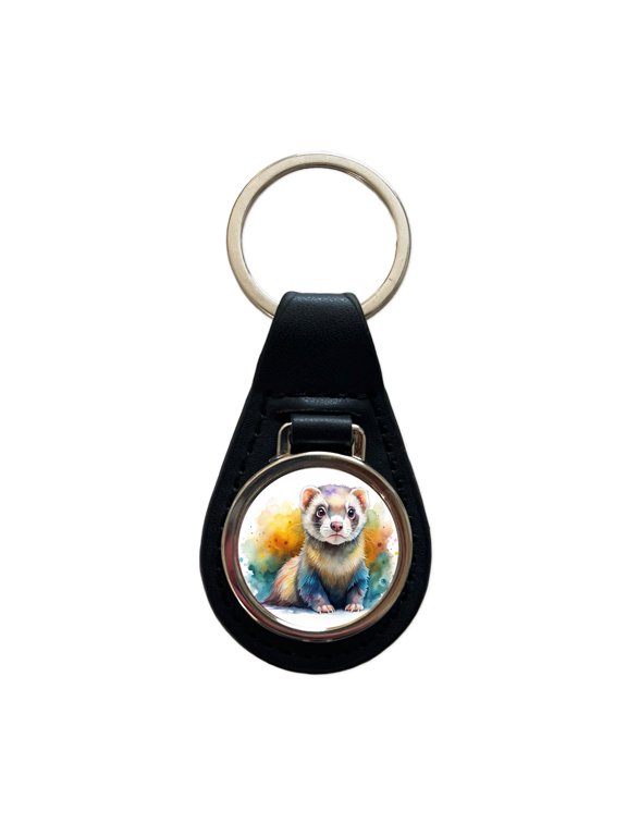 Ferret Colorful Watercolor Metal Black Leather Keychain
