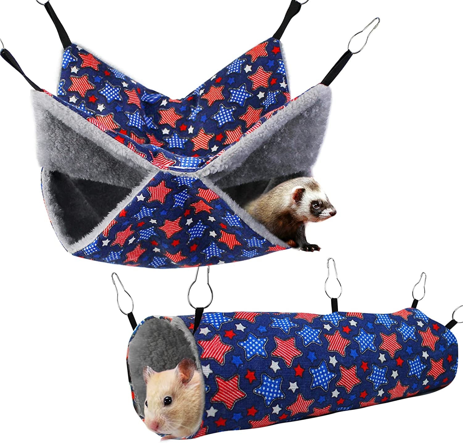 Ferret Hammock, Rat Cage Accessories Hanging Tunnels Hideout Bed, Play and Sleep, 2 Pack