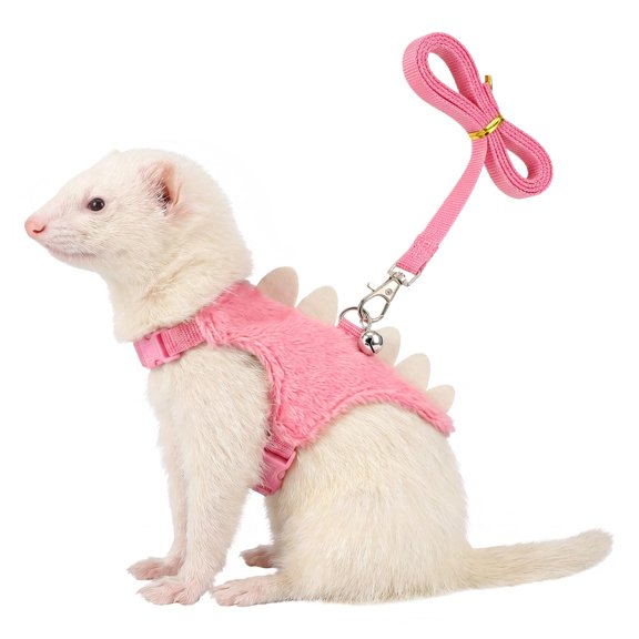 Ferret Harness and Leash Set, Pink Adjustable Vest for Ferret | Dinosaur Shaped Leash with Safe Bell, Small Animals Vest Harness for Hedgehog, Guinea Pig, Rabbit