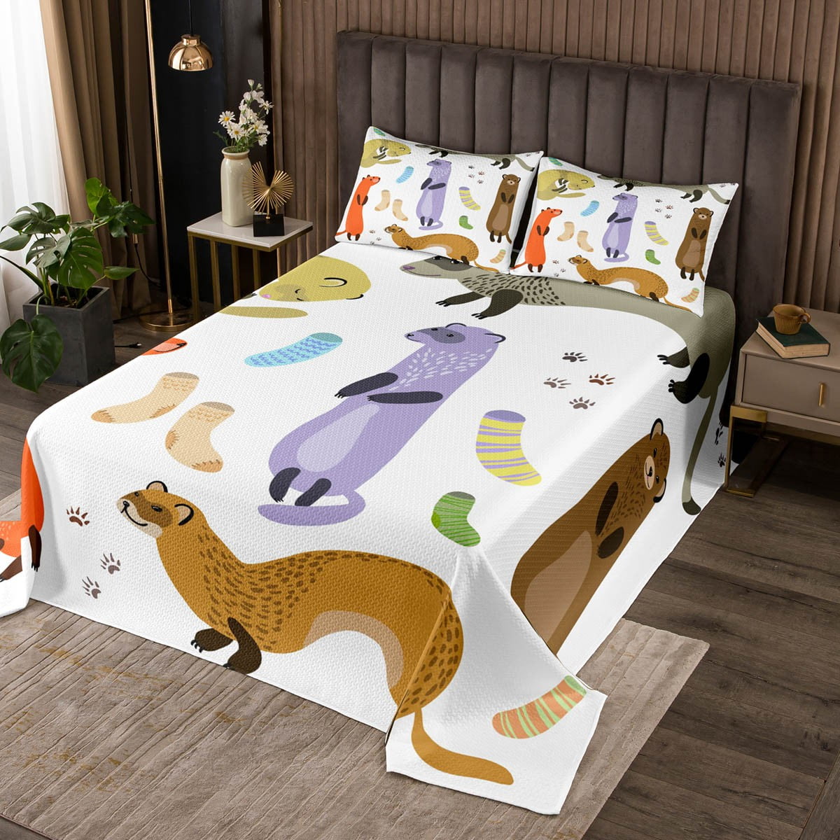 Ferret Quilt Set Kawaii Bedspread Set Cute Wild Animals Coverlet Set