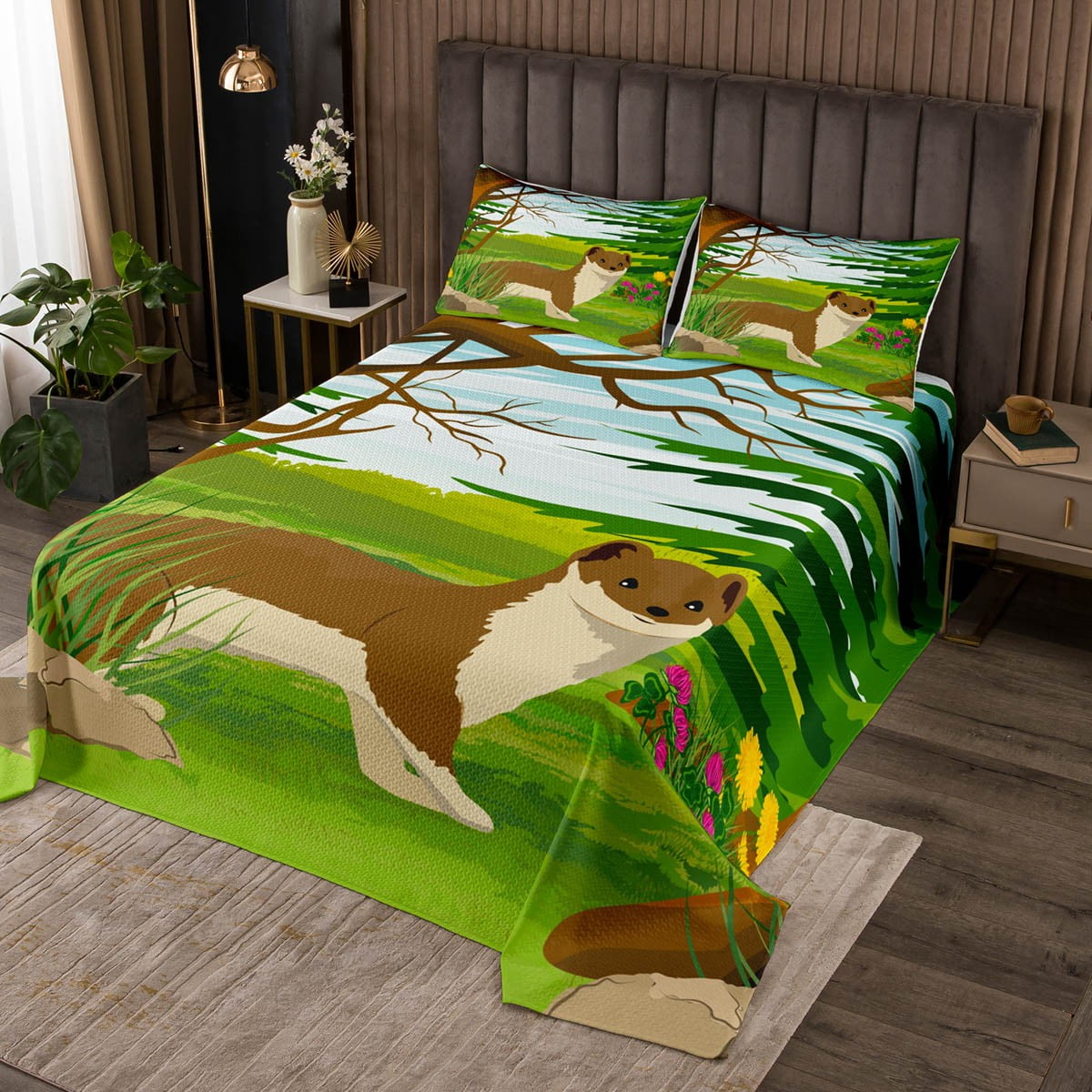 Ferret Quilt Set Kawaii Bedspread Set Cute Wild Animals Coverlet Set