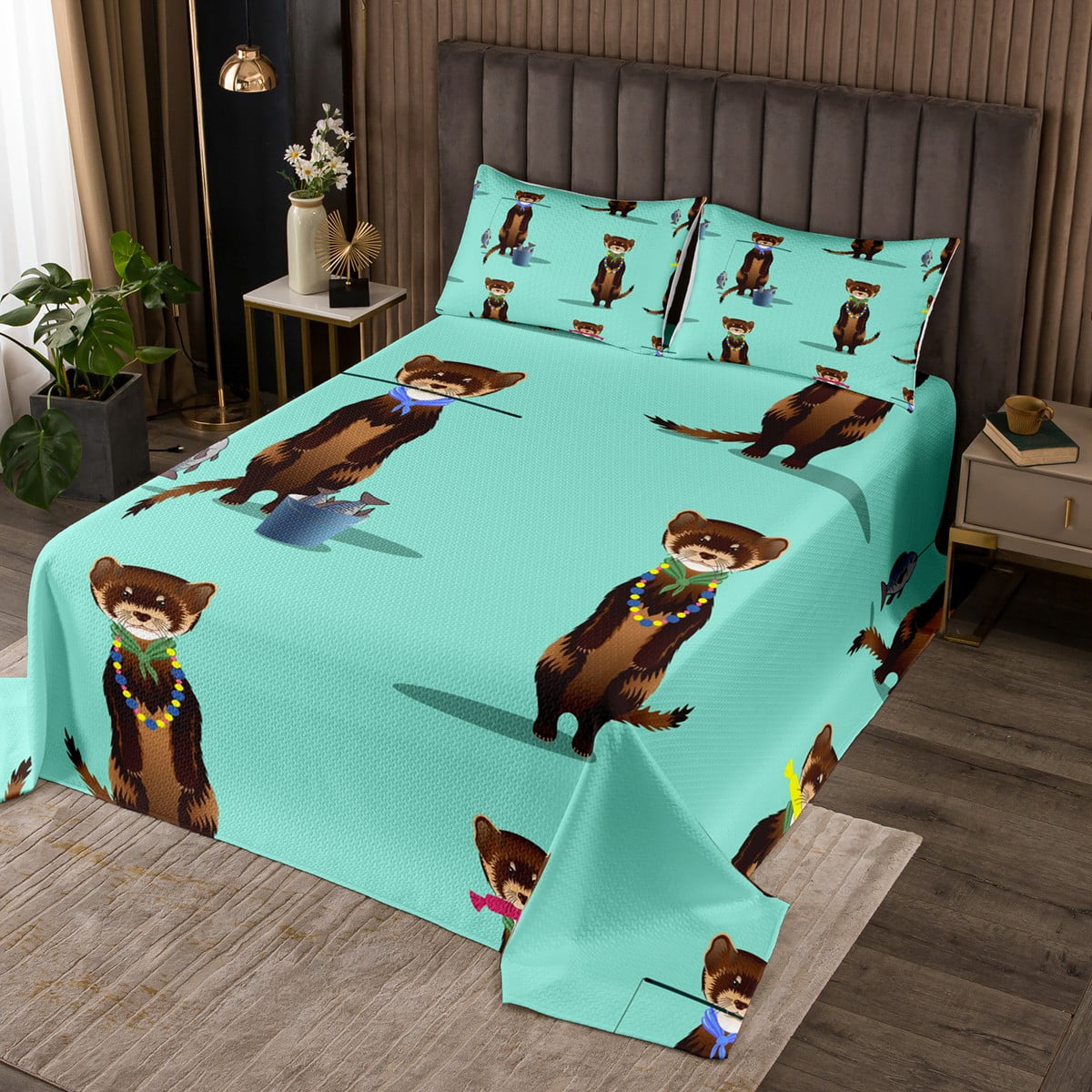 Ferret Quilt Set Kawaii Bedspread Set Cute Wild Animals Coverlet Set