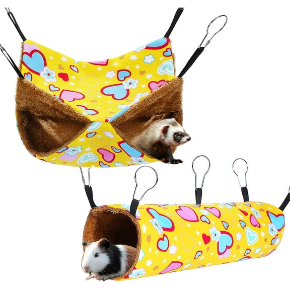 Ferret Rat Hammock Guinea Pig Hideout Toys Large Soft Small Animal Bed Sugar Glider Chinchilla Squirrel Hammock Set for Cage Accessories Pet House Hamster Hang Tunnel and Tube,2 Pack,Yellow