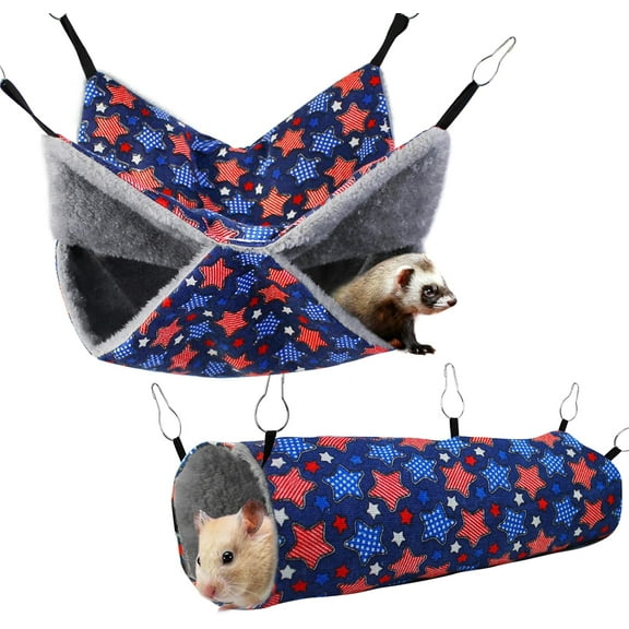 Ferret Rat Hammock Set Guinea Pig Hideout Bed,Soft Hamster Toys Hanging Tunnels and Tubes,Plush Small Animal Pet Chinchilla for Cage Accessories Hide,Play and Sleep,2 Pack,Blue Star