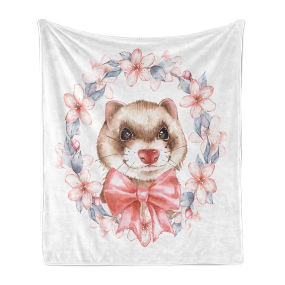 Ferret Soft Flannel Fleece Throw Blanket, Animal Portrait in Pastel Tone Wreath with a Ribbon Watercolor Style, Cozy Plush for Indoor and Outdoor Use, 50" x 70", Multicolor, by Ambesonne