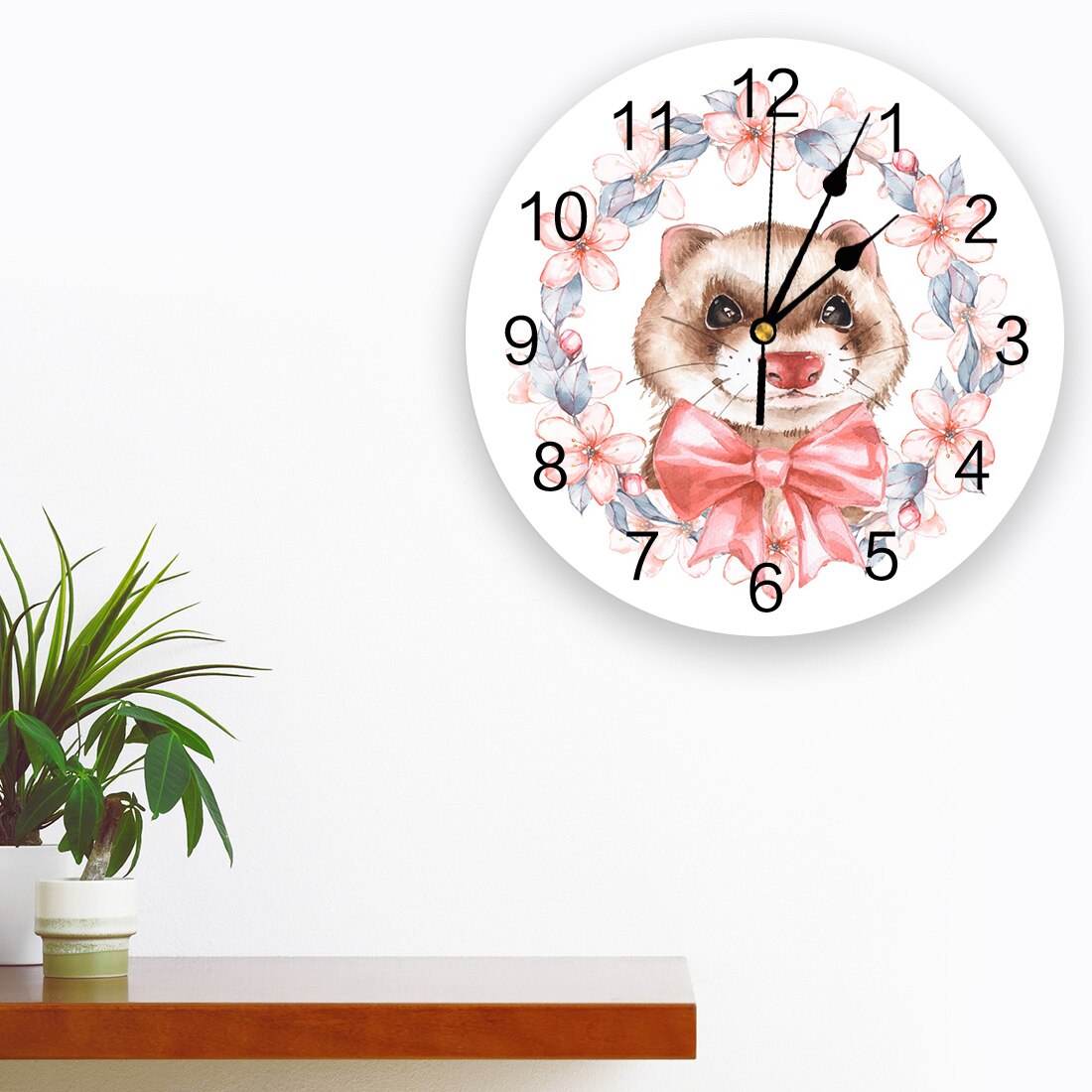 Ferret Wreath Watercolor Painting Wall Clock Bedroom Silent Wall