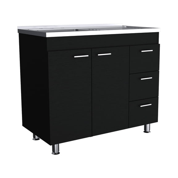 TUHOME Ferretti Utility Sink Cabinet with Stainless Steel Top, 3 Drawers and 2 Doors, 39.4 in W, Black