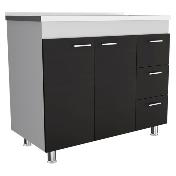Ferretti Utility Sink with Three Drawers and Double Door Cabinet White Frame Black Doors