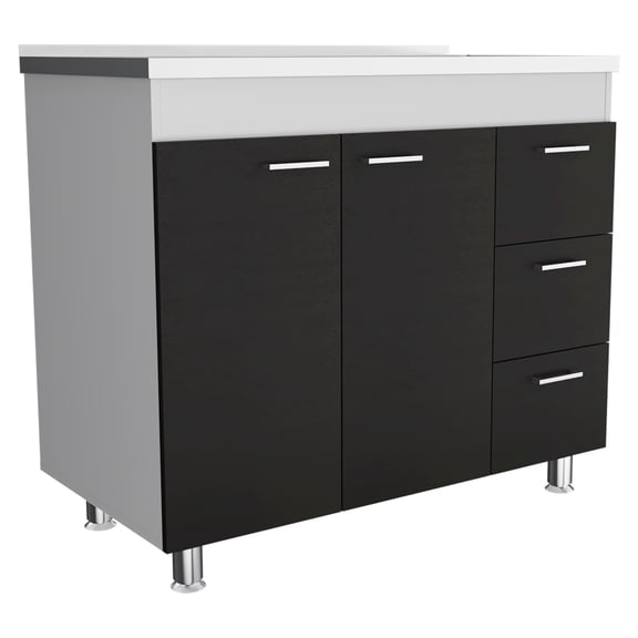 Ferretti Utility Sink with Three Drawers and Double Door Cabinet White Frame Black Doors