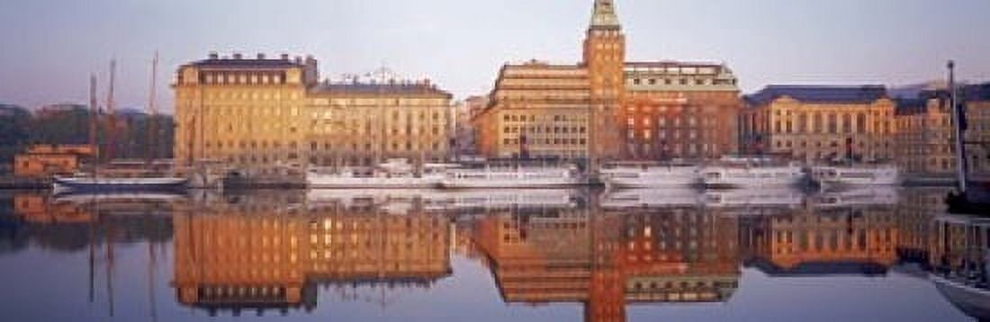 Ferries and Sailboats moored at a harbor Nybroviken SAS Radisson Hotel Stockholm Sweden Canvas Art - Panoramic Images (18 x 6)