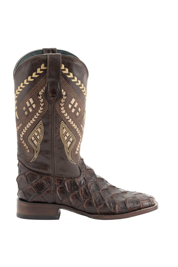 Mens Bronco Pirarucu Print Embroidered Square Toe Cowboy  Mid Calf