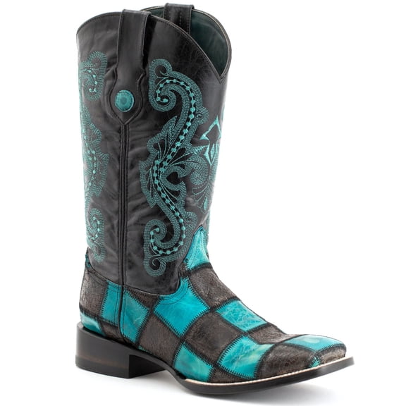 FERRINI Men's Patchwork S-Toe Black/Teal Boots, Size: 8-D (1139350080D)