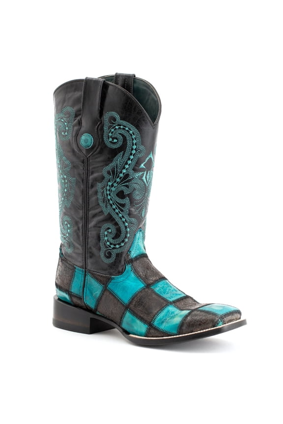 Men's Patchwork S-Toe Black/Teal Boots, Size: 9-D (1139350090D)