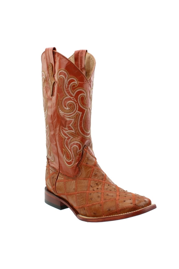 Ostrich Patchwork Square Toe Mens Western Cowboy Boots Mid Calf - Brown