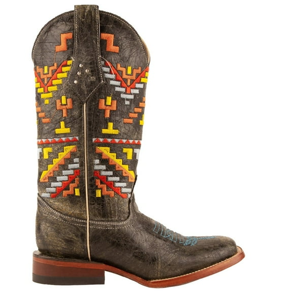 Ferrini Womens Aztec Embroidered Square Toe Boots Mid Calf Low Heel 1-2"