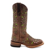 Womens Ferrini Blossom Leather Boots Handcrafted Square Toe Brown