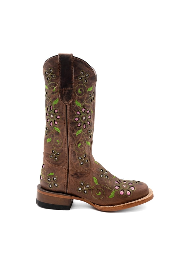 Women's Ferrini Blossom Leather Boots Handcrafted Square Toe Brown