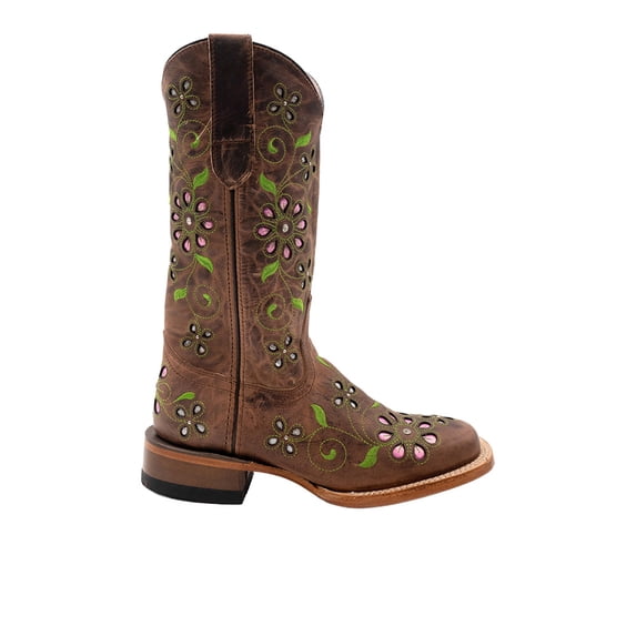 Women's Ferrini Blossom Leather Boots Handcrafted Square Toe Brown