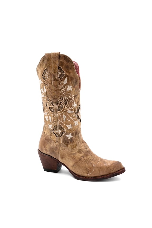 Women's Ferrini Empress Leather Boots Handcrafted Snip Toe Latte