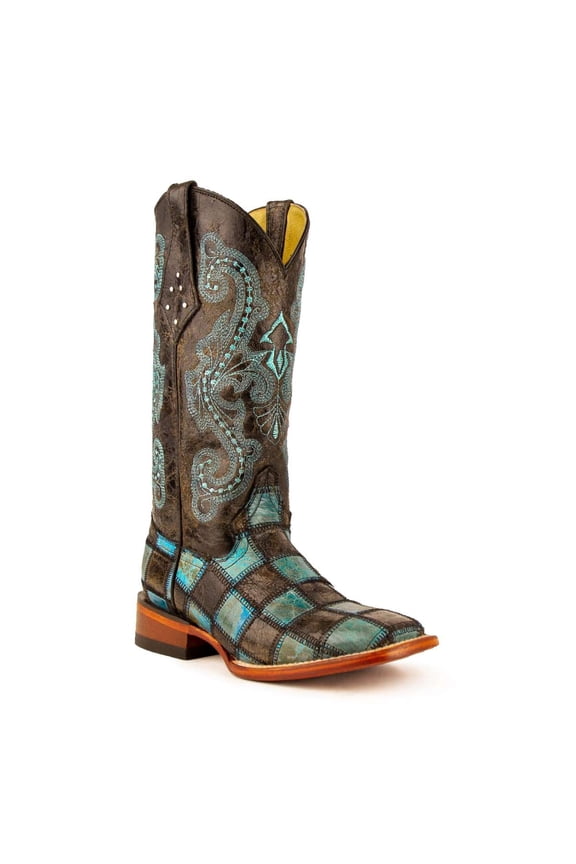 Women's Patchwork Square Toe Boots, Color: Black/Teal, Size: 6-B