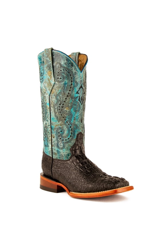 Women's Stampede Caiman Print Square Toe Western Boots, Color: Black/Teal, Size: 9.5-B